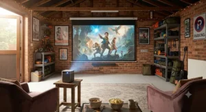 A compact portable projector displaying a vibrant movie on a retractable screen inside a tidy garage.