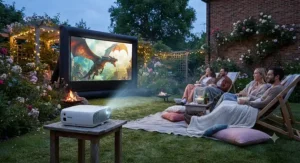 Compact and portable DLP projector being used for an outdoor cinema night in a garden