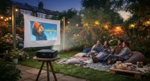 A portable LCD projector being used for an outdoor garden film night in the UK.
