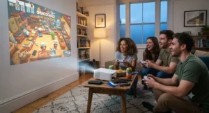 A portable short throw projector for gaming brought out for a multiplayer gaming night with friends at home.