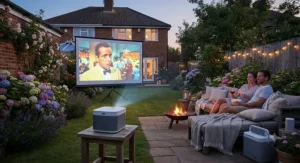Compact short throw projector set up for an outdoor garden movie night during a warm British summer evening