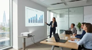 Compact short throw projector used for a business presentation in a bright meeting room