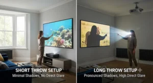Visual demonstration of projector shadow and glare differences between a short throw placement and a standard long throw setup