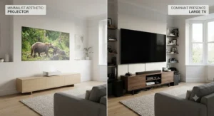 The minimalist interior design look of an ultra short throw projector versus the dominant presence of a large TV screen.