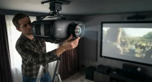 A person adjusting the lens settings on one of the best DLP projectors for a perfect picture