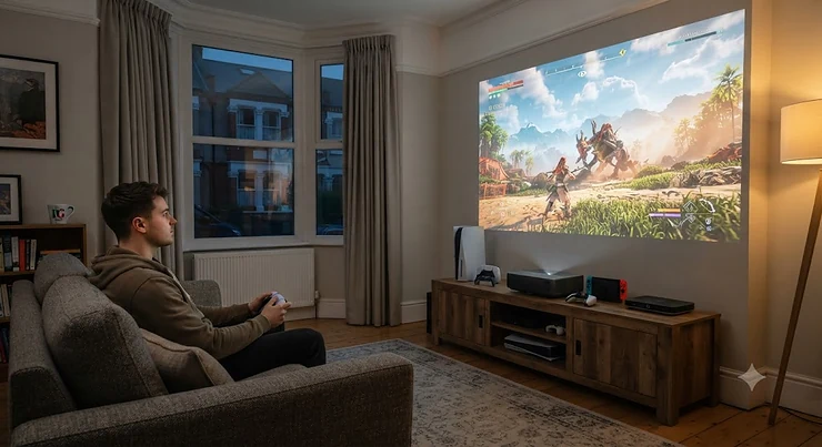 A short throw projector for gaming set up in a British living room projecting a bright, large-screen video game display.