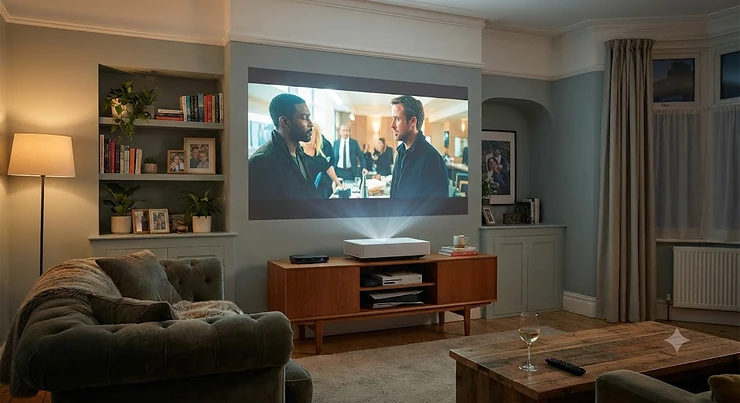 Short throw projector set up on a media unit in a British living room projecting a movie on the wall