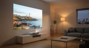 Short-throw projector casting a crisp film onto a living room wall in a London flat.