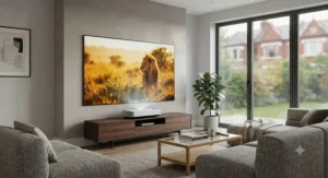 Short throw projector paired with an ambient light rejecting screen in a contemporary lounge