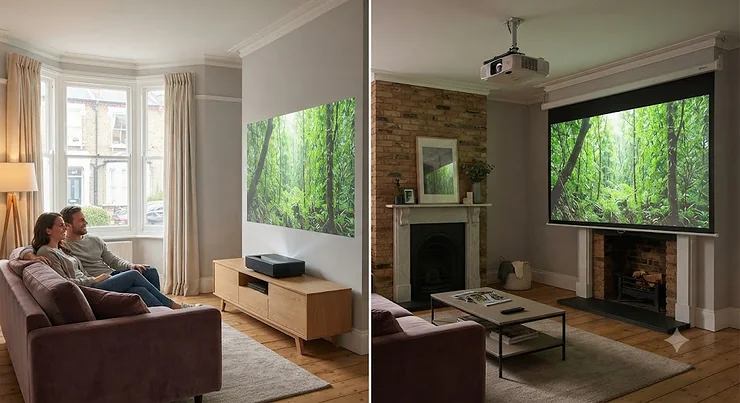 Comparison showing a short throw projector close to the wall versus a long throw projector positioned further back in a British living room. short throw vs long throw projector