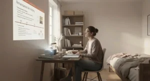 Student using a compact projector for revision and studying in a compact university room.