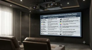 A summary table outlining the pros and cons of DLP versus LCD projectors for home theatre use