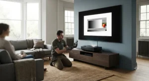 Testing the image brightness and contrast of an ultra-short throw projector in a room with natural daylight.