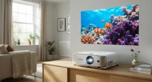 Close up of the best LCD projector showing vibrant colours in a naturally lit room.