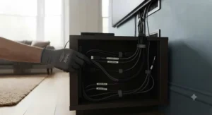 Professional cable management hidden behind a bespoke TV cabinet for an ultra-short throw projector installation.