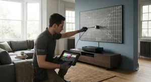 An installer using a calibration tool to perfectly align an ultra-short throw projector image on a wall screen.