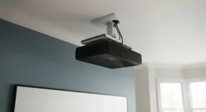 An inverted ultra-short throw projector mounted to a ceiling bracket above a projector screen.