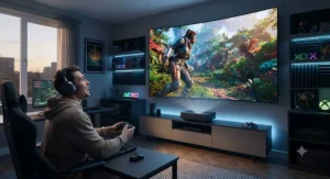 A gamer using an ultra short throw projector for a large-screen immersive gaming session, highlighting low input lag and vibrant colours.