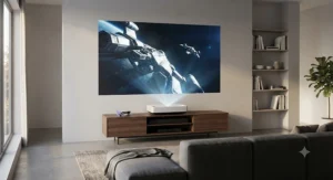 Ultra short throw projector positioned close to a blank wall creating a large home cinema display