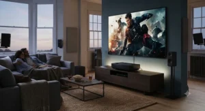 A complete home cinema experience featuring an ultra-short throw projector and surround sound in a UK home.