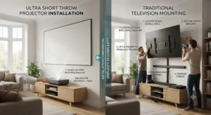 Diagram showing the simple placement of an ultra short throw projector on a TV unit compared to mounting a television.