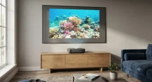 Ultra short throw projector sitting neatly on a media cabinet directly underneath an ambient light rejecting screen