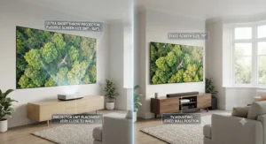 Comparing the flexible screen size of an ultra short throw projector against the fixed screen size of a television.