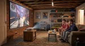 Playing video games on a massive wall projection using a wireless projector set up in a family garage.