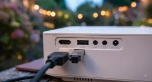 Detailed view of HDMI and USB ports on an affordable mini projector under £200 for garden setups.