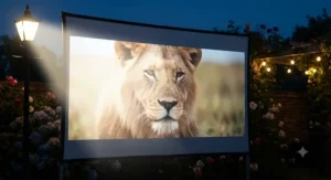 Close-up of a projector image projected onto an outdoor screen, highlighting how street lamps and garden lighting impact projector lumen requirements.