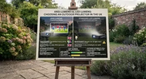 A clear comparison diagram detailing the difference between ANSI lumens and standard LED lumens when choosing an outdoor projector in the UK.