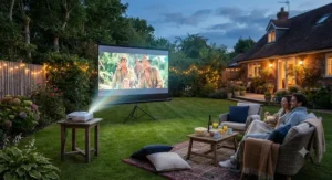 A portable garden projector screen and HD projector positioned on the lawn for an open-air movie night