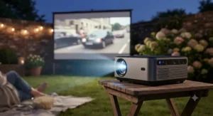Close-up of a high-definition garden cinema projector projecting a film onto an outdoor screen