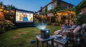 High-definition outdoor projector displaying a vibrant film for a family garden movie night in the UK