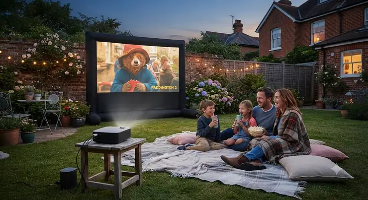 A family enjoying a movie night in a British back garden using the best outdoor projector set up on a lawn.