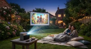 The best pico projector projecting a clear image onto a portable garden cinema screen at twilight.