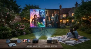 Comparison of imagery from the best pico projector on a garden cinema projector screen.