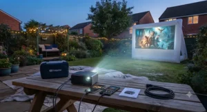 An all-in-one garden cinema kit featuring a bright pico projector, mobile connectivity cables for iPhone and Android, and a large outdoor projection screen.