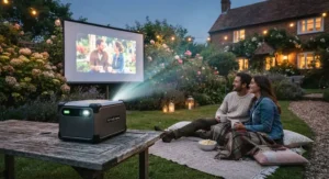 A durable portable outdoor projector with a long-lasting battery, perfect for wireless al fresco viewing.