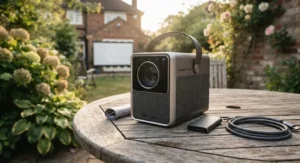 Close-up of a high-quality portable projector for travel resting on a wooden garden table.