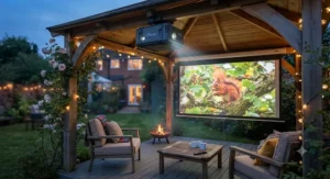 A sleek best weatherproof projector safely ceiling-mounted inside a wooden garden gazebo for year-round entertainment.