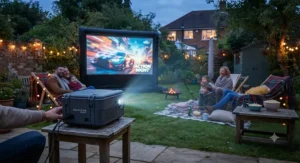 Demonstration of high lumen output on the best weatherproof projector showing a clear image during twilight in a UK patio setting.