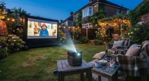 Bright garden cinema projector projecting a crisp image as twilight falls over a British garden