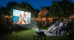 A bright portable outdoor projector screen showing a movie at night in a UK outdoor space.