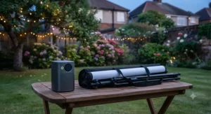 Compact battery-powered projector next to a rolled-up garden cinema projector screen ready for evening use.