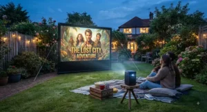 Compact mini projector projecting a clear film onto a freestanding garden cinema projector screen on a lawn