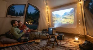 A compact, lightweight portable outdoor projector being used inside a tent on a camping trip.