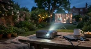 Close-up of a compact pico projector used for an outdoor film night in a British garden.