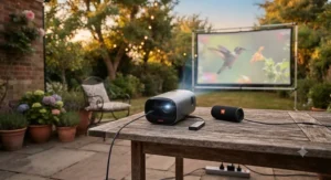A compact portable outdoor projector positioned on a wooden patio table during a warm British summer evening.