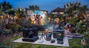 Complete kit featuring a best portable projector and garden cinema projector screen ready for outdoor entertainment